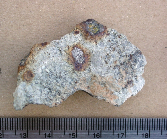 Rust halos around large sulfide grains in NWA 4859 hand specimen
