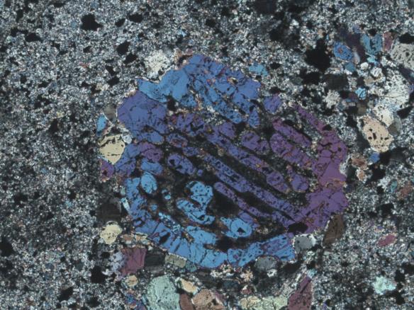 Cross-polarized view of a barred olivine chondrule in an R chondrite.
